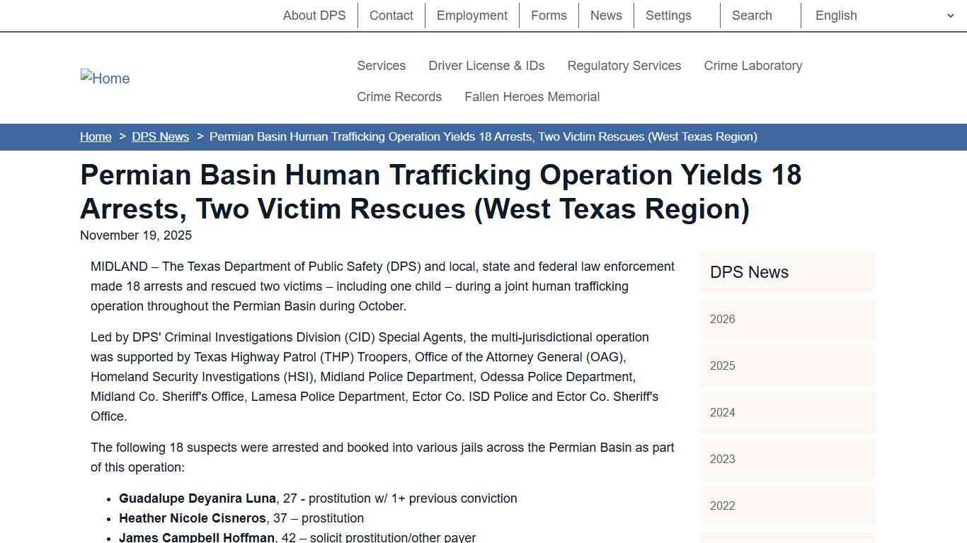 Permian Basin Human Trafficking Operation Yields 18 Arrests, Two Victim Rescues (West Texas Region) Department of Public Safety
